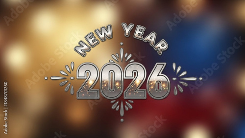 New year 2026 celebration with silver text and sparkles on colorful background