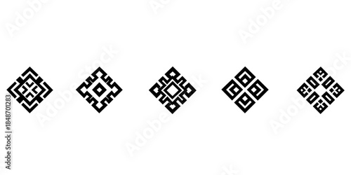 Five black geometric shapes arranged horizontally