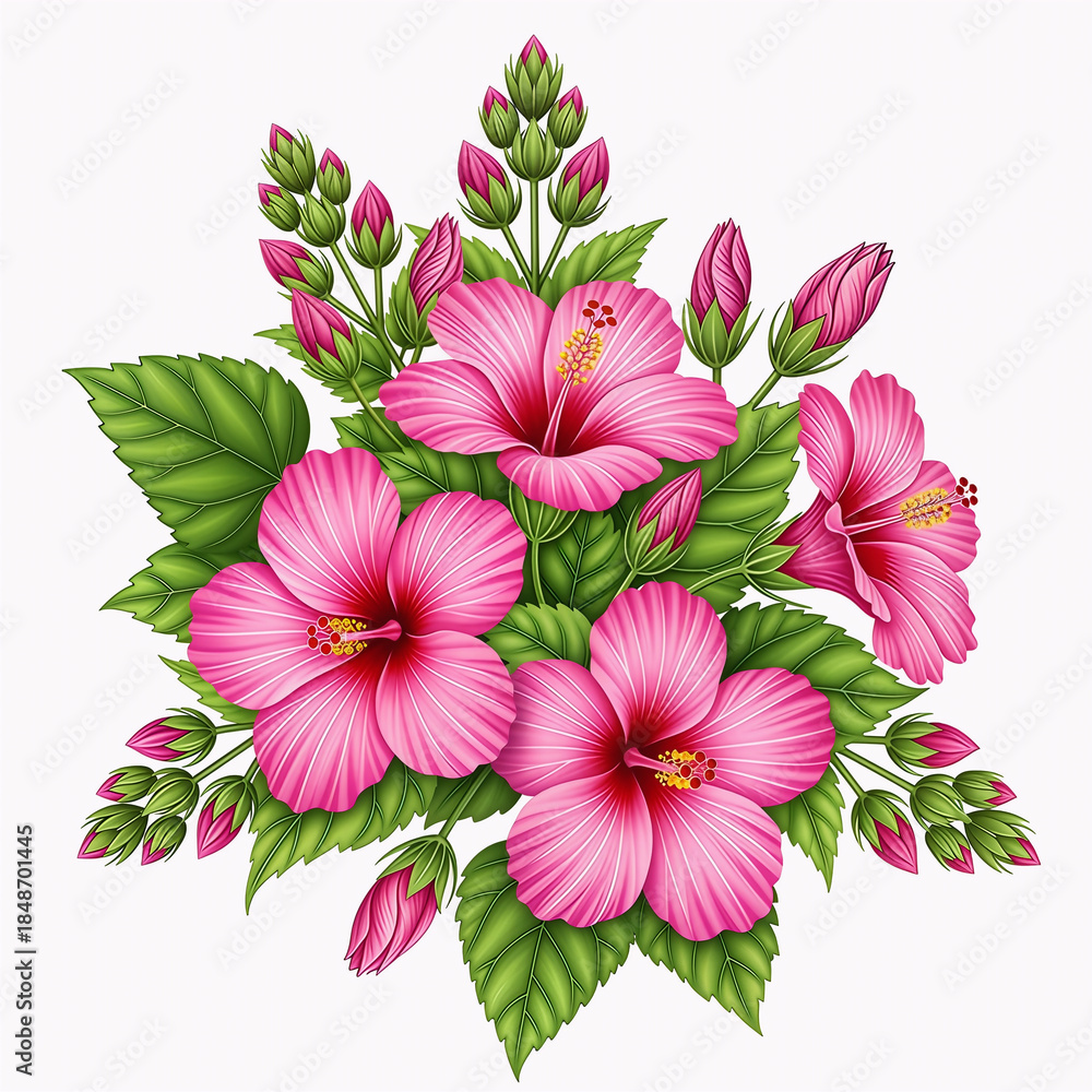 Obraz premium Pink Hibiscus Flower Bouquet Illustration with Green Leaves Isolated on White Background
