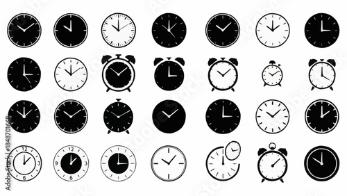 Collection of Various Clock Faces and Alarm Clocks Displaying Time.