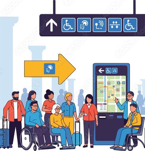 Diverse group of people with disabilities navigating an airport with accessibility signs.