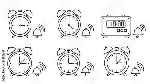 Collection of six alarm clocks in various styles ringing.