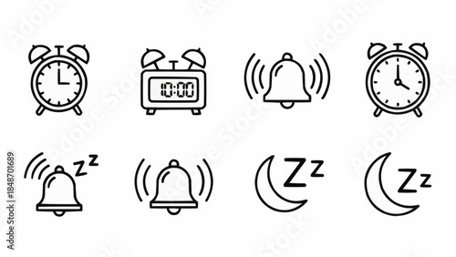 Collection of Alarm Clock and Sleep Icons Representing Time and Rest.