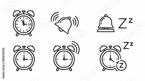Collection of Alarm Clock Icons Representing Time and Wake Up Calls.