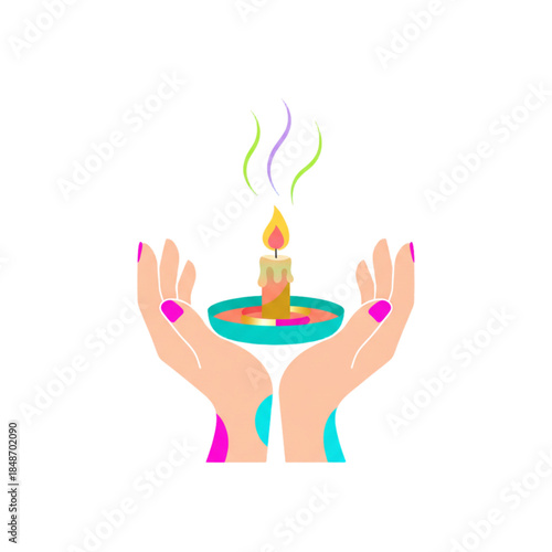 Hands gently holding a lit candle on white background for hope symbo