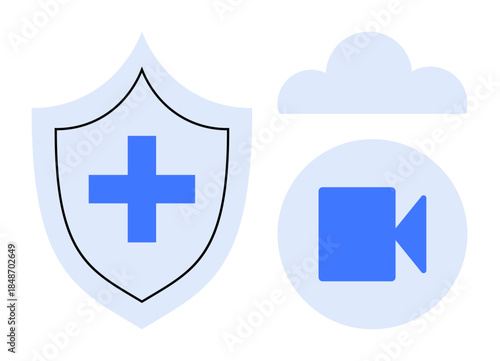 Telehealth, data security, cloud storage, video communication, remote services, healthcare technology. Blue shield with a cross, video icon cloud shape. Telehealth and data security concept