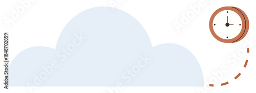 Light blue cloud with an analog clock and a dotted line path represents time, productivity, technological innovation, data storage, workflow efficiency, goal achievement, ideal for simple flat