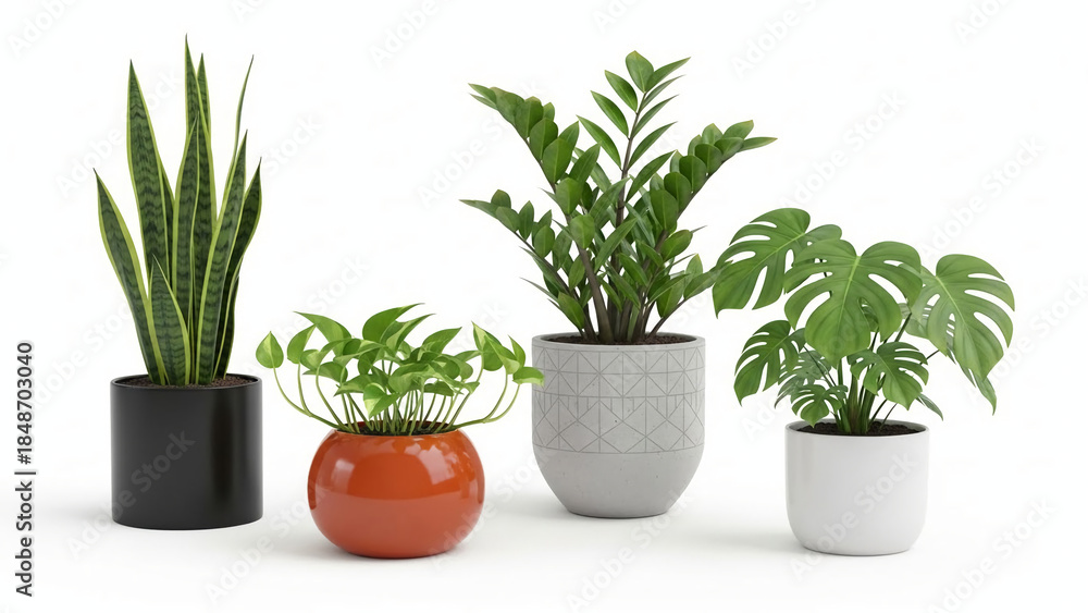 Fototapeta premium Collection of four potted houseplants including snake plant pothos ZZ plant and monstera in modern planters for home decor and interior design isolated on white