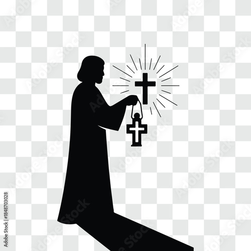 Christian Silhouette with Cross Lantern – Guiding Light in Darkness Symbolizing Hope and Faith