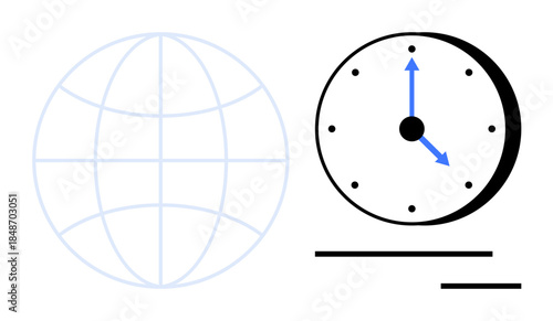 Time zones, scheduling, global communication, productivity, international business, world time. A globe outline and a clock with hands at specific positions. Time zones and scheduling concept