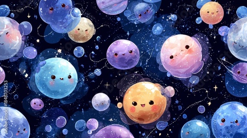 Whimsical illustration of smiling, cartoon-like planets floating in a starry, dark blue space. Each planet has a unique color and expression