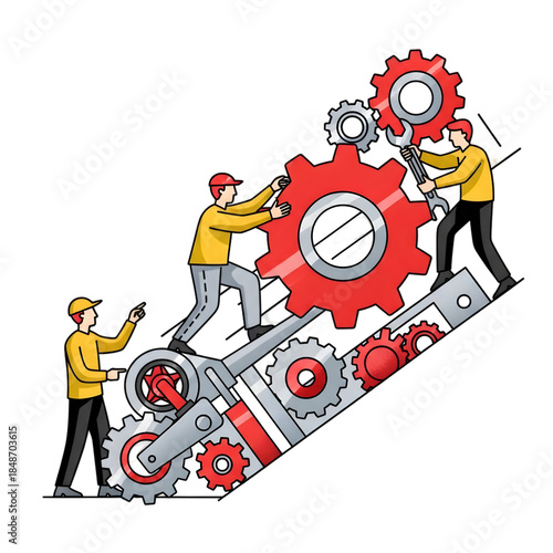 Industrial gears and workers assembling machinery

