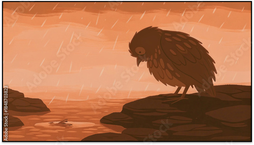Melancholic Bird Scene in Rain – Emotional Illustration of Loss and Reflection Under Orange Sky