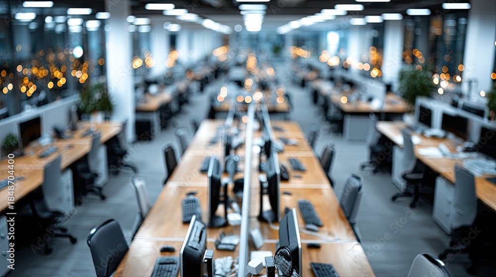Fototapeta premium Abstract Defocused Workplace: Rows of Desks and Computers in a Modern Office