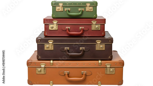 Stack of vintage leather suitcases in various colors isolated on a transparent background stacked travel