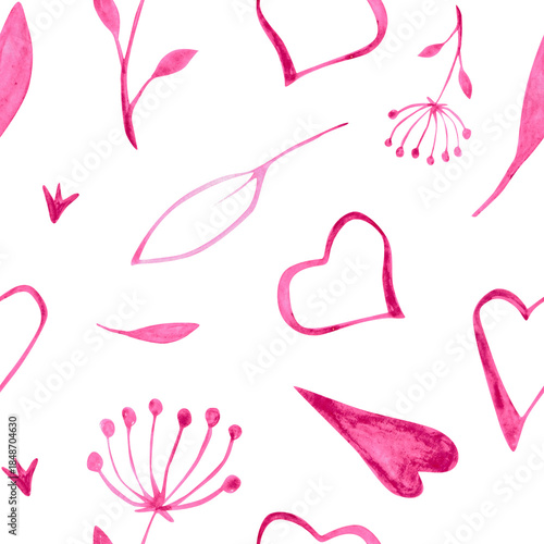 Romantic hand painted watercolor pattern with abstract hearts and delicate floral details on a white background. Suitable for textile design, wallpaper, surface design and holiday branding.