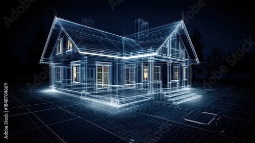Architectural Project Draft: Linear Sketch of Structure on Blue Background