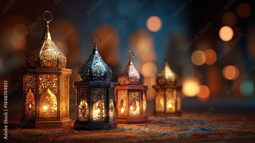 Obraz premium Traditional Islamic lanterns glowing with warm light on a patterned rug, bokeh background.