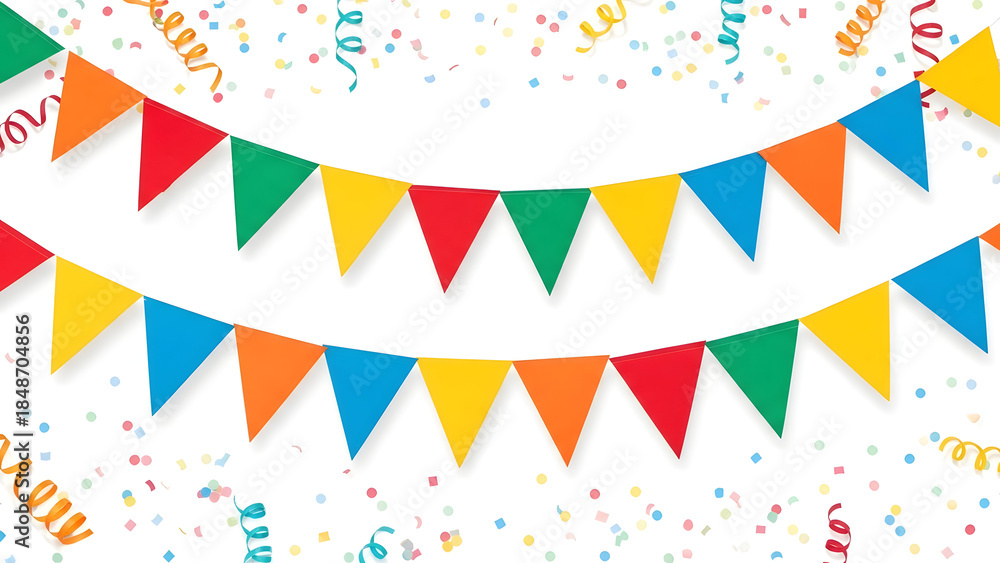 Obraz premium Vibrant colorful triangular pennant banner on white background with party confetti