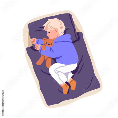 Cute boy sleeping with plush toy, teddy bear. Little kid lying, dreaming in bed. Child asleep in warm clothing, pajamas, top view. Night rest. Flat vector illustration isolated on white background