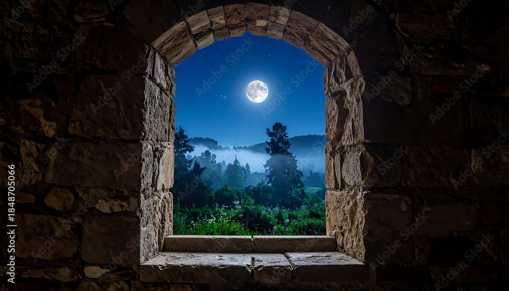 Obraz premium Stone window frames a glowing full moon over a misty, tree-covered landscape under a dark blue night sky