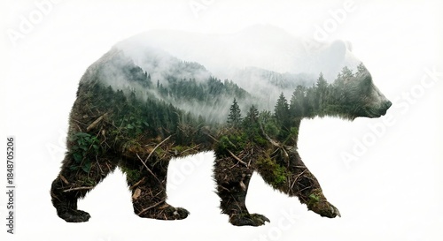 A majestic bear silhouette strides confidently across a canvas of serene landscape merging wildlife and the natural world, representing resilience and connection.
