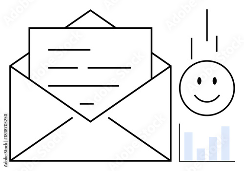 Email communication concept. Email with an open envelope, letter, and happy face. Email supports effective communication and reporting tools. For business, feedback systems, digital tools, marketing