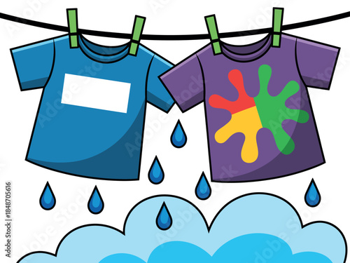 Colorful T-Shirts Hanging on Clothesline with Raindrops and Clouds