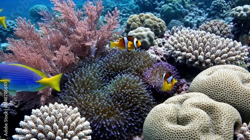 Vibrant Coral Reef Ecosystem with Tropical Fish Swimming in Clear Blue Ocean Water