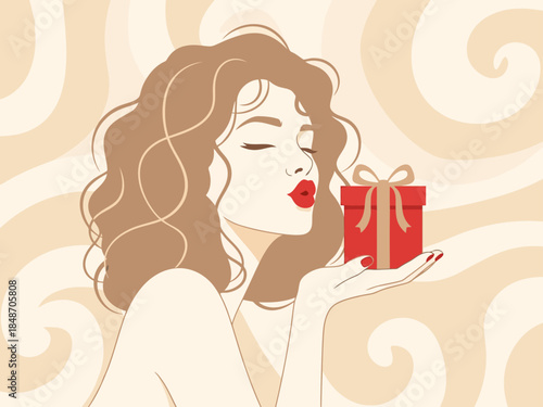 A beautiful woman receives a gift, radiating joy. Elegant illustration with a soft, celebratory feel. Perfect for Valentine's Day or special occasions.