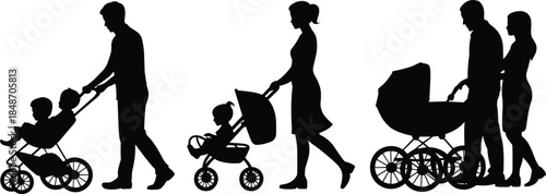 Family stroller silhouette set, parents walking with baby carriage, motherhood fatherhood concept illustration, black parenting lifestyle collection, vector design background
