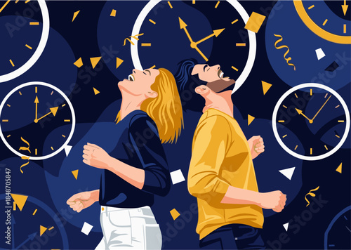 A couple experiences a vibrant, energetic night with clocks swirling around them. One dances, the other runs, capturing a 'Best Night Ever' moment. Bold colors and dynamic composition.