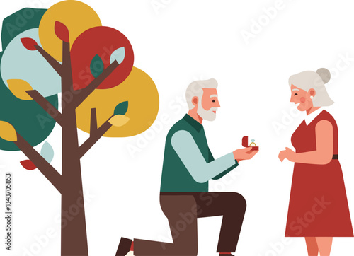 An elderly couple shares a romantic moment, symbolizing enduring love. A man proposes to a woman, representing a lifetime of connection. Soft colors and a tree motif enhance the heartwarming scene.