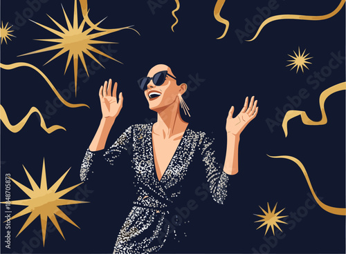 A glamorous woman celebrates with joyful abandon amidst dazzling fireworks. A vibrant, energetic scene perfect for New Year's or celebrations. Time to Shine!