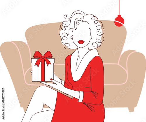 A glamorous woman in a red dress holds a gift, radiating holiday cheer. A stylish, minimalist illustration perfect for festive marketing.