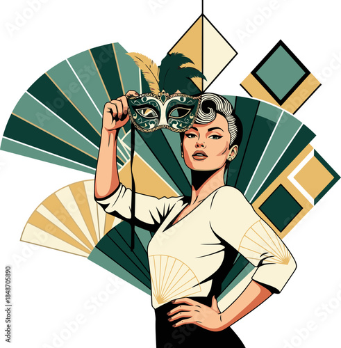 A glamorous woman holds a vintage mask, surrounded by geometric fans. Art Deco style, bold colors, and a sense of magic. Perfect for luxury, entertainment, or vintage themes.