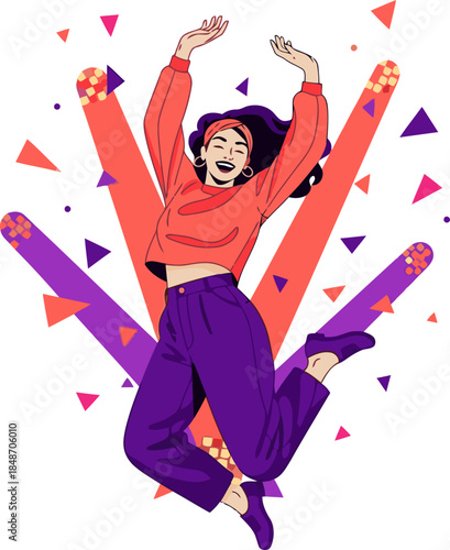 A vibrant woman leaps with joy, surrounded by energetic light bursts. Expressive and celebratory, perfect for nightlife or empowerment themes.
