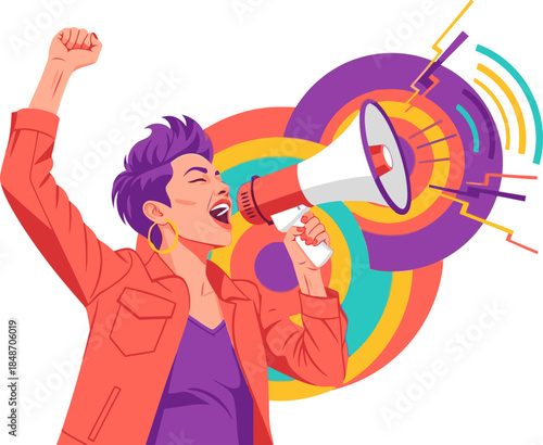 A vibrant woman shouts into a megaphone, expressing empowerment. Bold colors and dynamic design create a powerful visual. Perfect for social media and marketing.