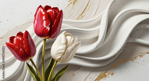 Elegant red and white tulips with sweeping 3D plaster texture 3D Wall Mural. floral landscapes. 3d floral art, floral wallpaper, Luxurious textile tile wall art