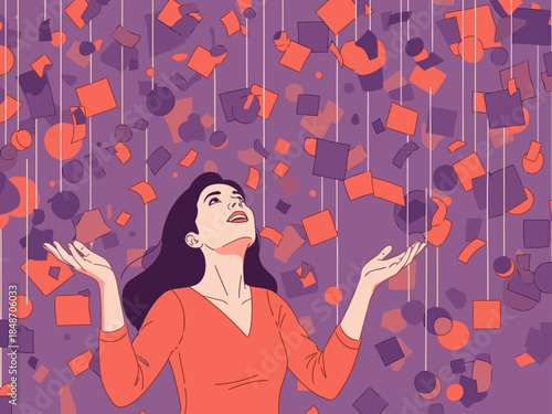 A woman gazes upwards at falling colorful squares, expressing joy and wonder. Vibrant, dynamic illustration with a modern aesthetic.