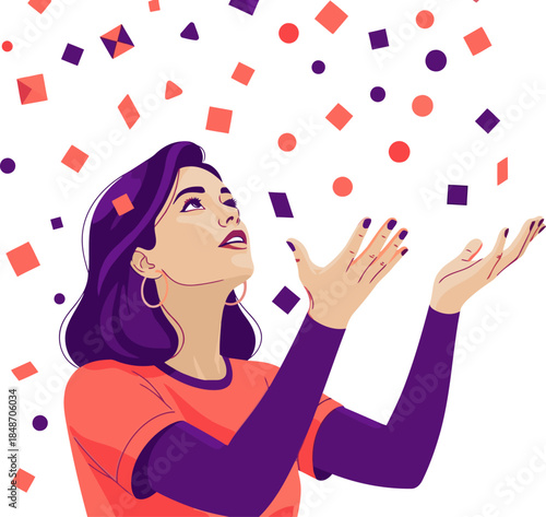 A woman reaches for falling geometric shapes, capturing a joyful moment. Vibrant colors and dynamic composition create a captivating visual.