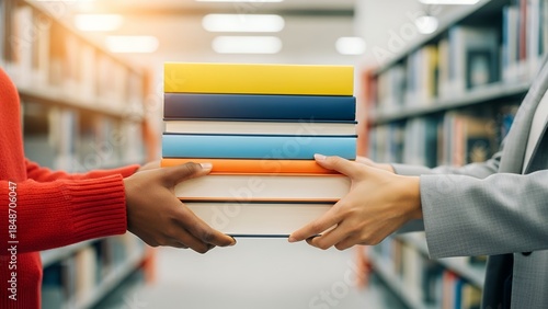 Exchanging books between two people in a bright modern library setting