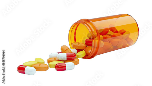 Pills Spilling from Bottle on White Background
