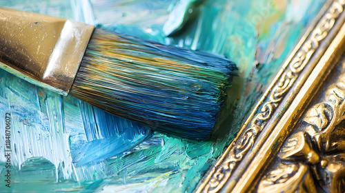 sfumato. Close-up detail of textured oil paint brushstrokes on a canvas, ornate golden frame in background. event programs, museum guides, designed for cultural heritage projects and event programs.