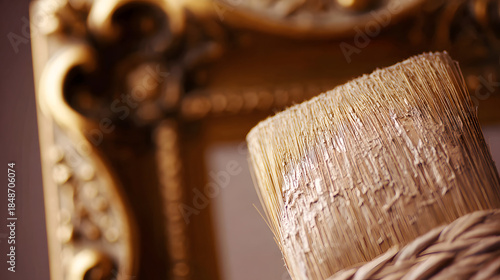 sfumato. Close-up detail of textured oil paint brushstrokes on a canvas, ornate golden frame in background. event programs, museum guides, designed for cultural heritage projects and event programs.