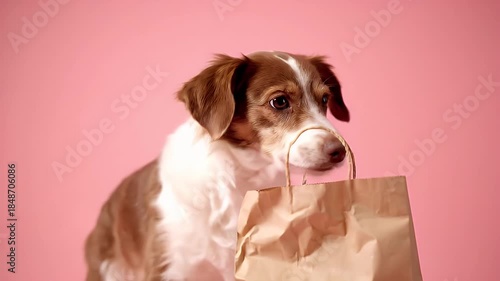 Brown And White Dog Holds Paper Shopping Bag Handle In Mouth Studio Portrait Pink Background