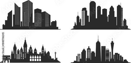 Modern city skyline silhouettes set, urban skyscraper outlines, global metropolitan architecture illustration, minimal black cityscape design for branding marketing stock
