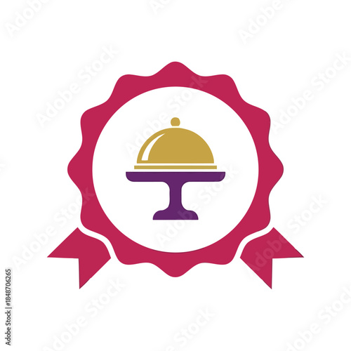 Elegant Vector Badge Design for Premium Quality Food Service with Cloche Icon and Stylish Ribbon