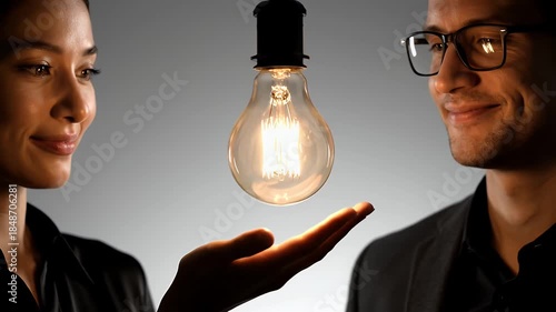 Two Business People Staring Intently at a Glowing Vintage Light Bulb Overhead in a Studio Setting