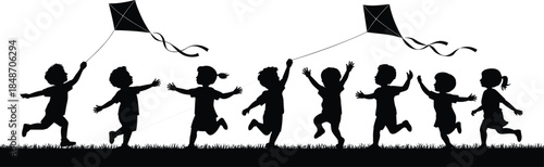 Happy children silhouette flying kites, playful kids running outdoors, childhood freedom concept illustration, black family summer background design vector art